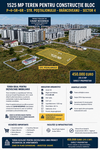 Str. Postalionului 1525 mp teren pentru constructie bloc P+4+5R+6R